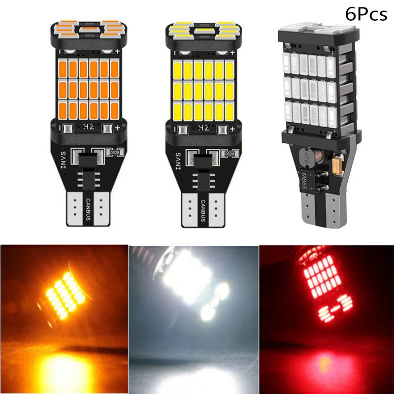 6 قطعة T15 W16W 921 912 T16 T10 902 LED لمبات 45SMD 4014 مصباح ليد السوبر مشرق 1200LM استبدال للسيارة عكس الضوء الأبيض