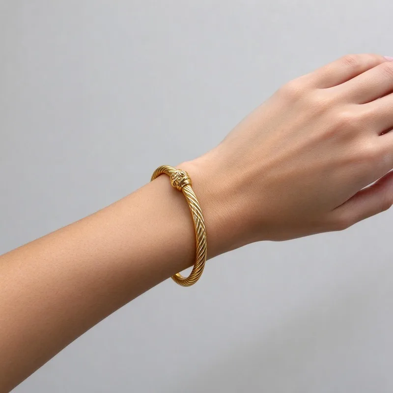 Twisted Open Cuff Bracelet with Carved End Caps, 5mm Band, Vibrant Color Coating Options, High Quality Alloy, Hypoallergenic, Durable Color Finish, Trendy Statement Wrist Jewelry, Lightweight Comfortable, Great Gift for Women, Elegant Design, Nice Look