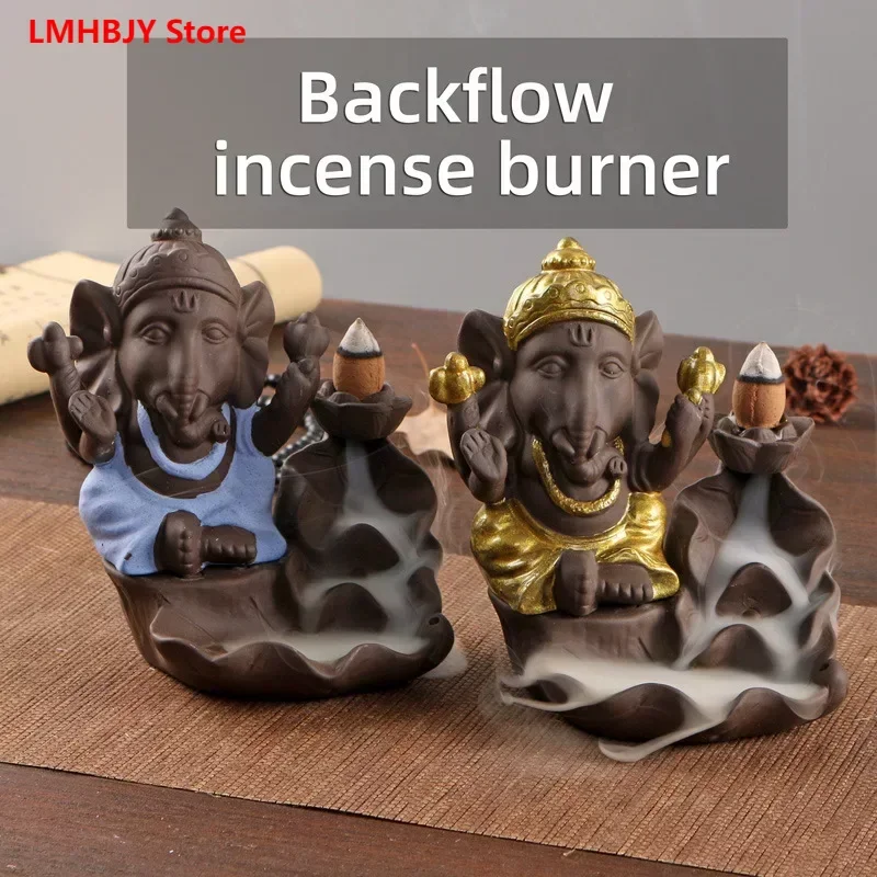 LMHBJY Purple Sand Elephant Head Backflow Incense Burner Antique Ceramic Incense Burner Zen Thai Incense Home Decoration