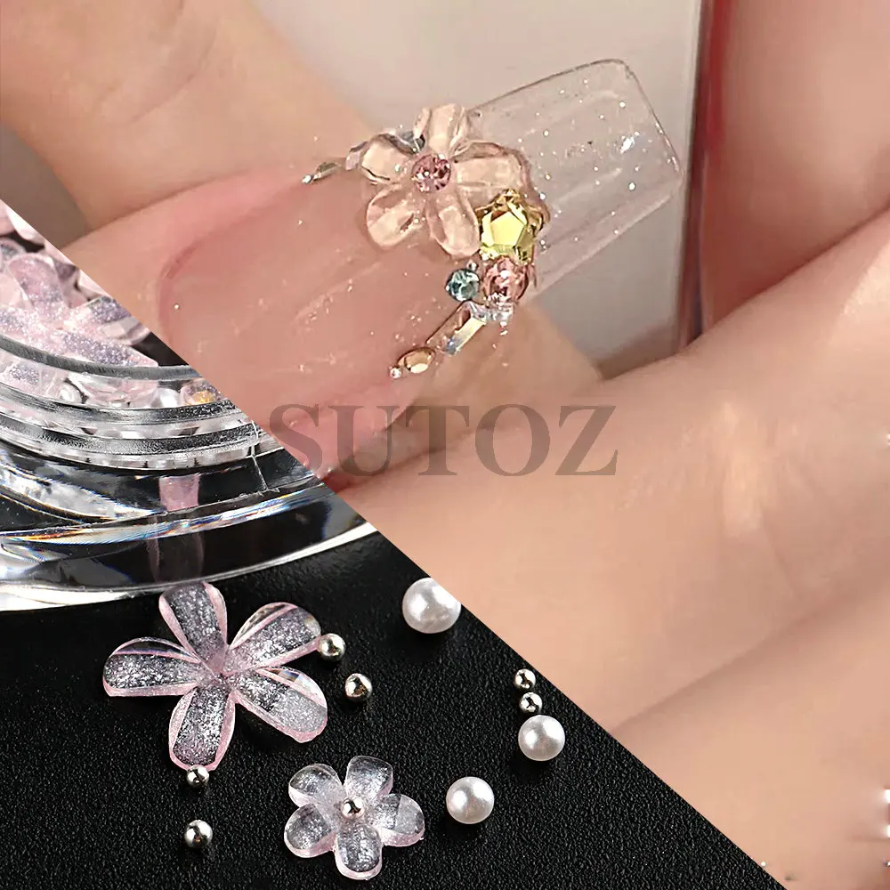 Pétalos de resina acrílica para decoración de uñas, cristal de hielo de cinco pétalos, adorno de perlas, estilo 3D, joyería de manicura, LE6G-SFH