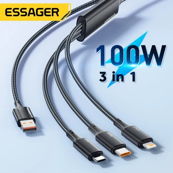 Essager 100W 케이블, USB C to C 타입 to 조명 PD 고속 충전기, 데이터 고속 충전 코드, 맥북, 아이폰, 삼성, 샤오미, 3 in 1 