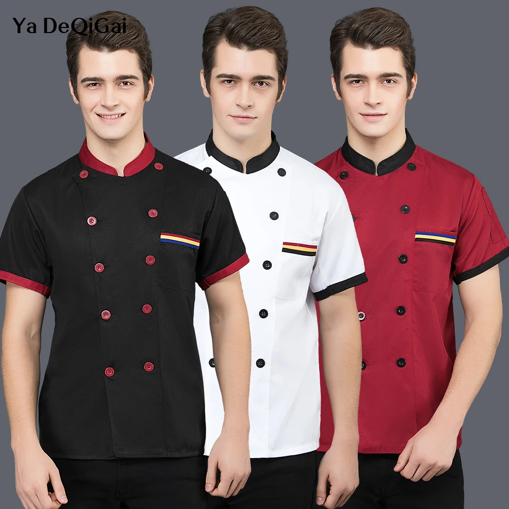 Abrigo de Chef para hombre, uniforme de cocinero, chaquetas de manga corta para cocinar, Tops de servicio de comida, ropa de trabajo para restaurante y panadería