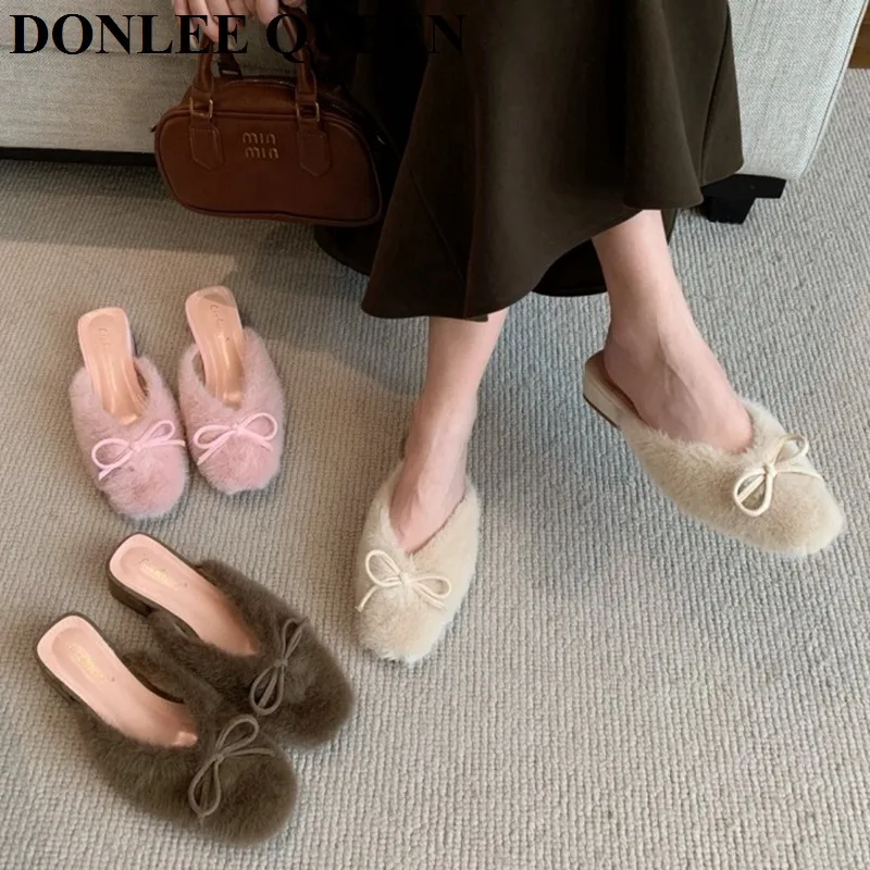 

Women Fur Slippers Casual Mule Shoes Close Toe Slides Slip On Round Toe Flat Heels Fur Flip Flops Female Plush Loafer Home Shoes