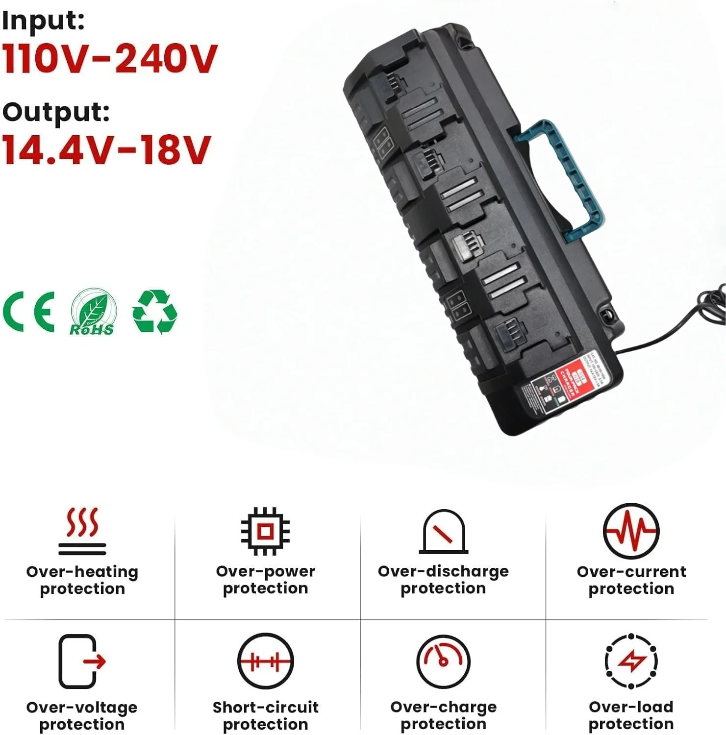 Victpower For Milwaukee M18 14.4V-18V 4-Port Fast Battery Charger with USB Port for Lithium-Ion Batteries in Black