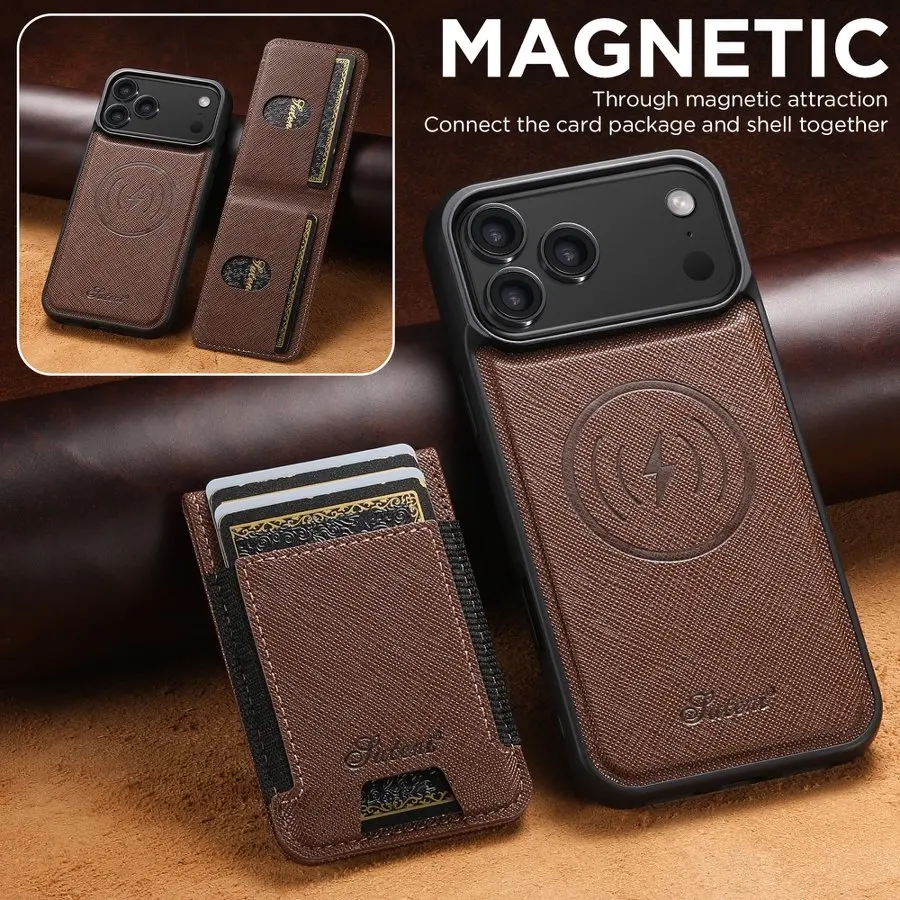 Magnetic Wireless Charging Case for iPhone 14 13 12 15 16 17 18 Pro Max 16 Plus 17Air Leather Wallet Card Bag Holder Cover