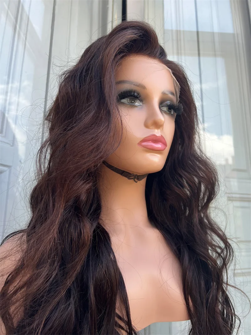 Мягкий коричневый объемный волнистый длинный парик 180 Плотность 26 дюймов Глубокий парик фронта шнурка для чернокожих женщин с волосами ребенка Предварительно выщипанные натуральные волосы на каждый день