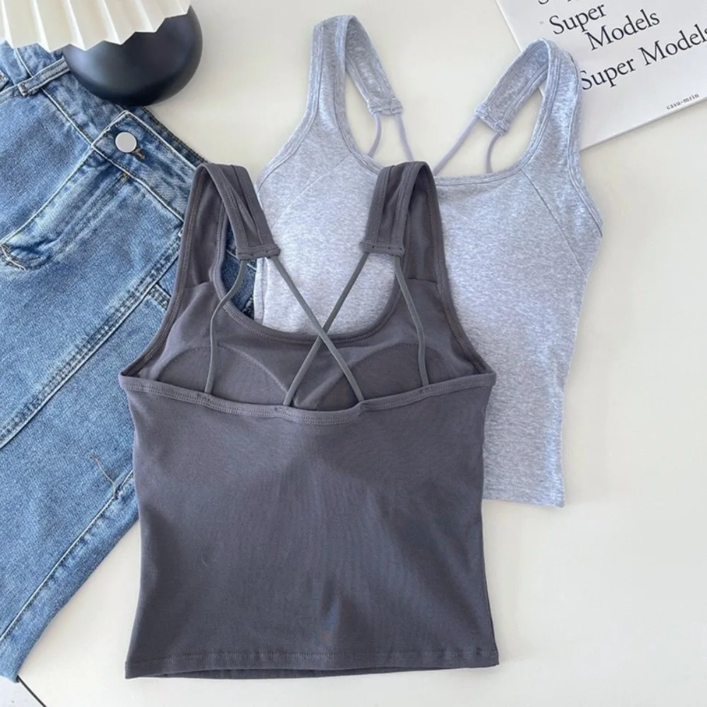 Wrap U Neck Built-in Bra Tank Tops Ribbed Backless Slim Fit Camisole Built-in Bra Slim Fit Sleeveless Bustier Daily Outfit