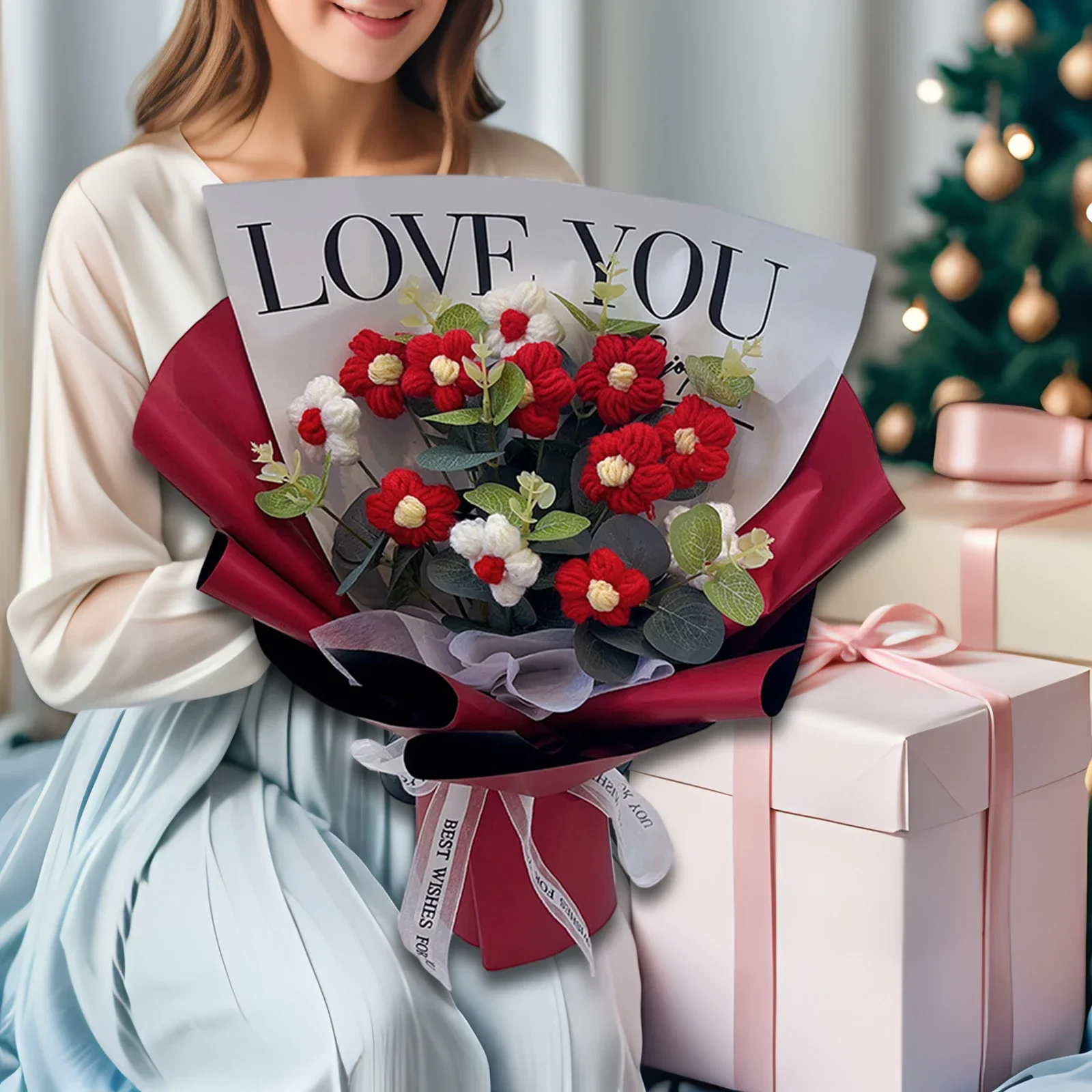 باقة زهور كروشيه لتزيين المنزل من الزهور المحبوكة لعيد المعلم وأعياد الميلاد والذكرى السنوية وعيد الشكر للنساء