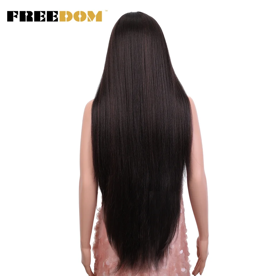 FREEDOM Yaki Straight Synthetic Lace Wigs For Women Ombre Brown Handtied Lace Wig 36 Inch Middle Part Long Blue Pink Cosplay Wig