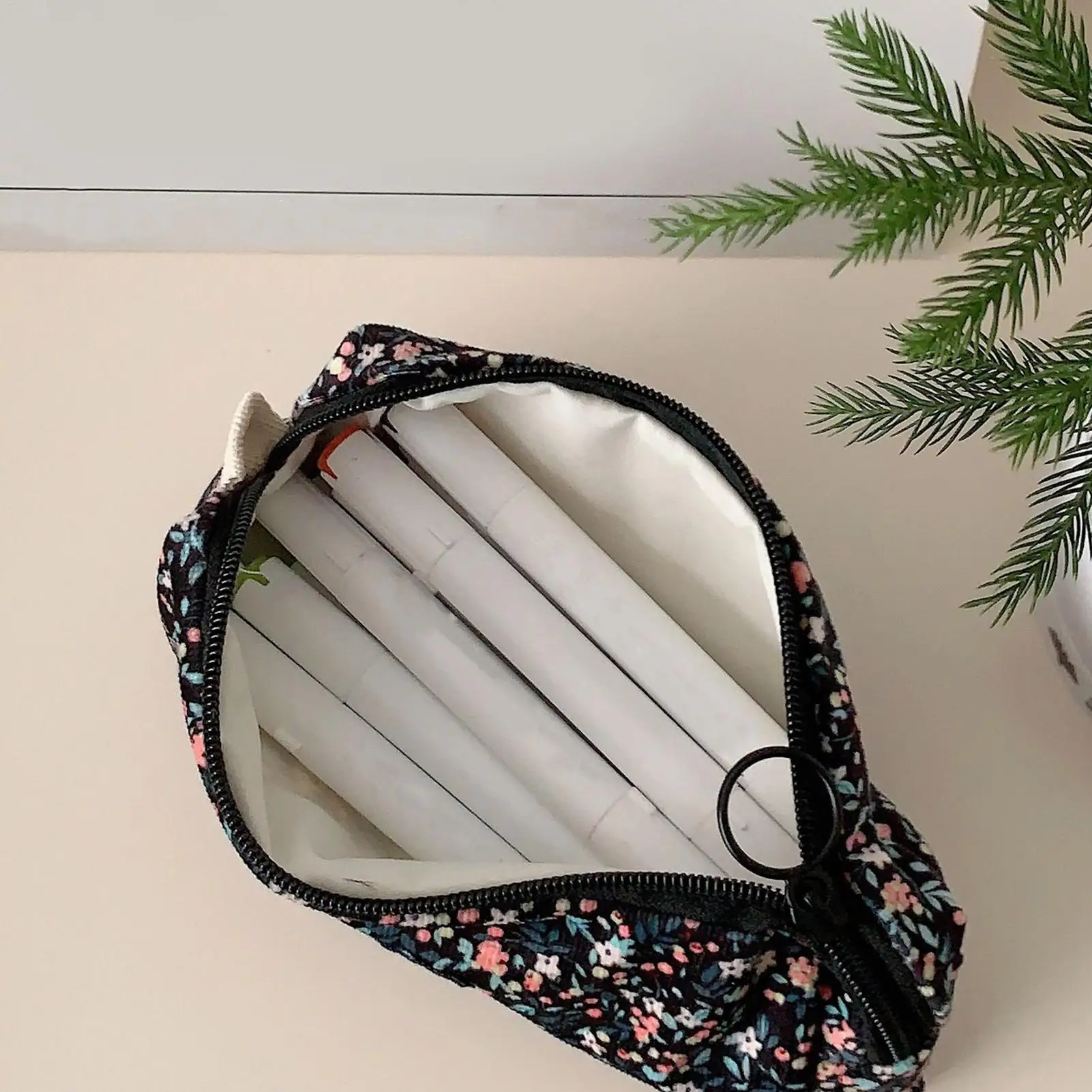Vintage Corduroy Floral Women's Pencil Case Small Clutch Purse Handbags Simple Student Girls Cosmetic Storage Bag Ladies Pouch