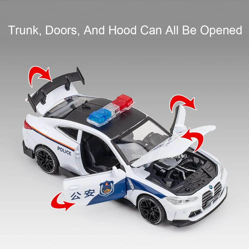 Modelo de coche de policía Hellcat M4 a escala 1:32, juguetes de aleación, sonido fundido a presión, puertas ligeras, vehículos de simulación abiertos, regalos de navidad