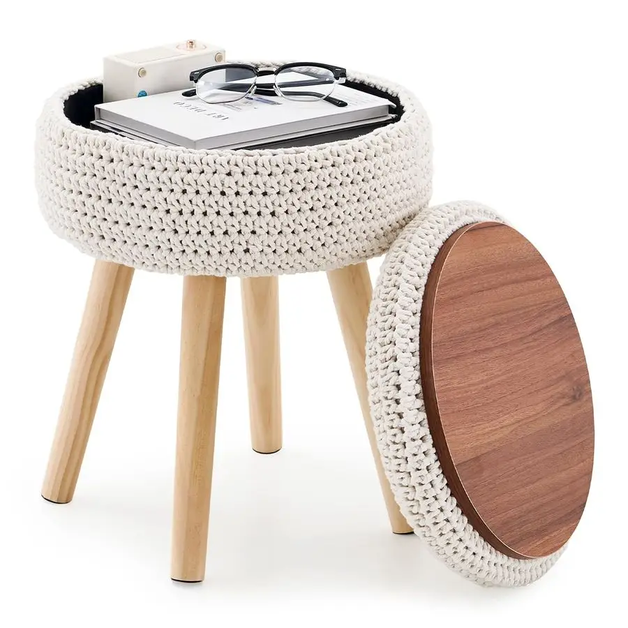 

Круглый пуф-оттоманка с отсеком для хранения, подставкой для ног, деревянными ножками, хлопковым вязаным покрытием, многофункциональный, с подносом-столиком для кофе