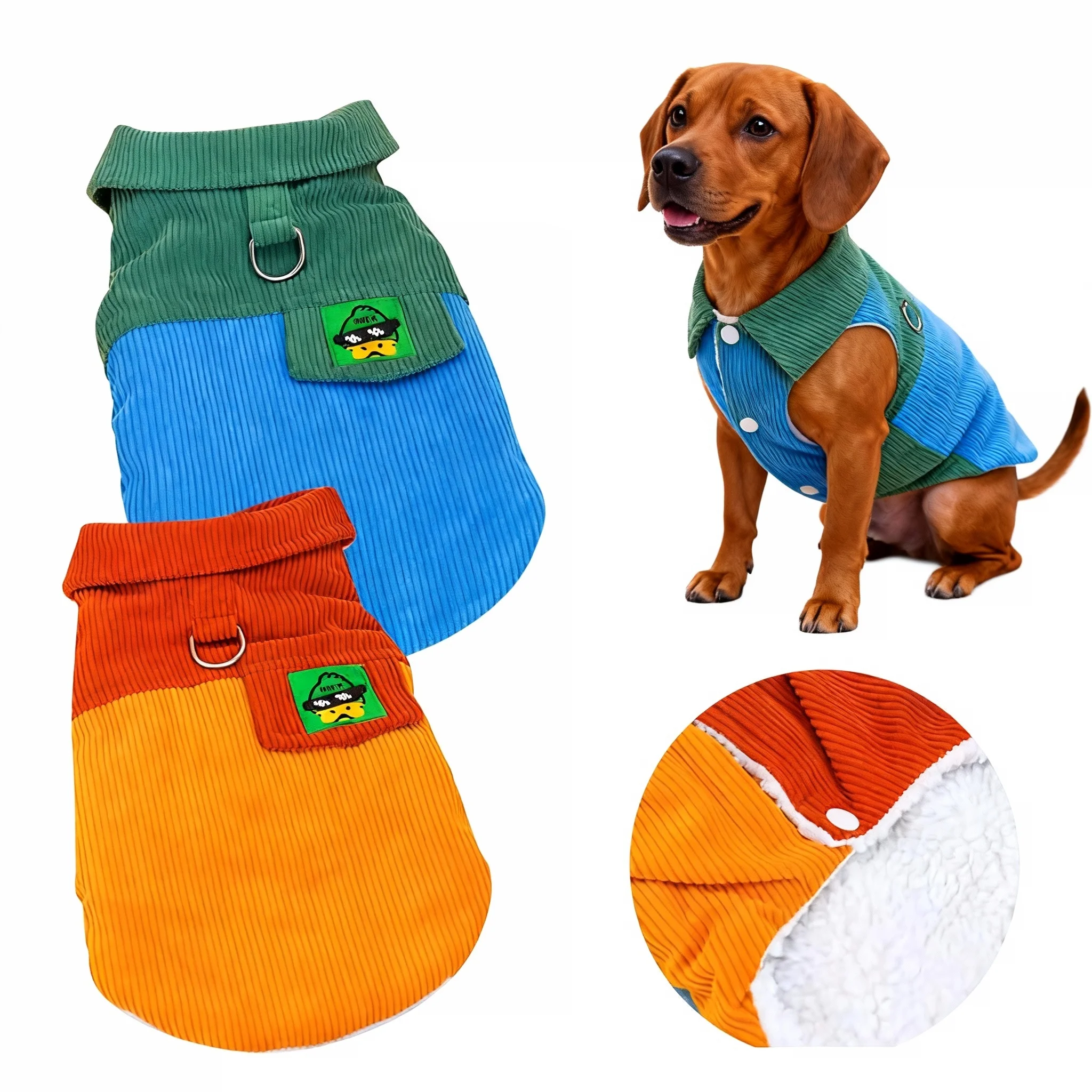

Dog Cat Winter Clothes, Plush Fleece Lined Corduroy Vest, Plaid Collar Color Block Warm Jacket Coat for Small Medium Dogs, Cats