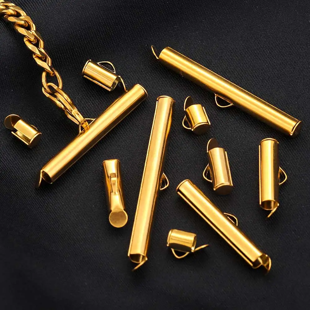 20pcs Stainless Steel Gold Plated Crimp End Beads Slide Chain Clasp Tube Slider Connector for DIY Bracelet Crafts Jewelry Making