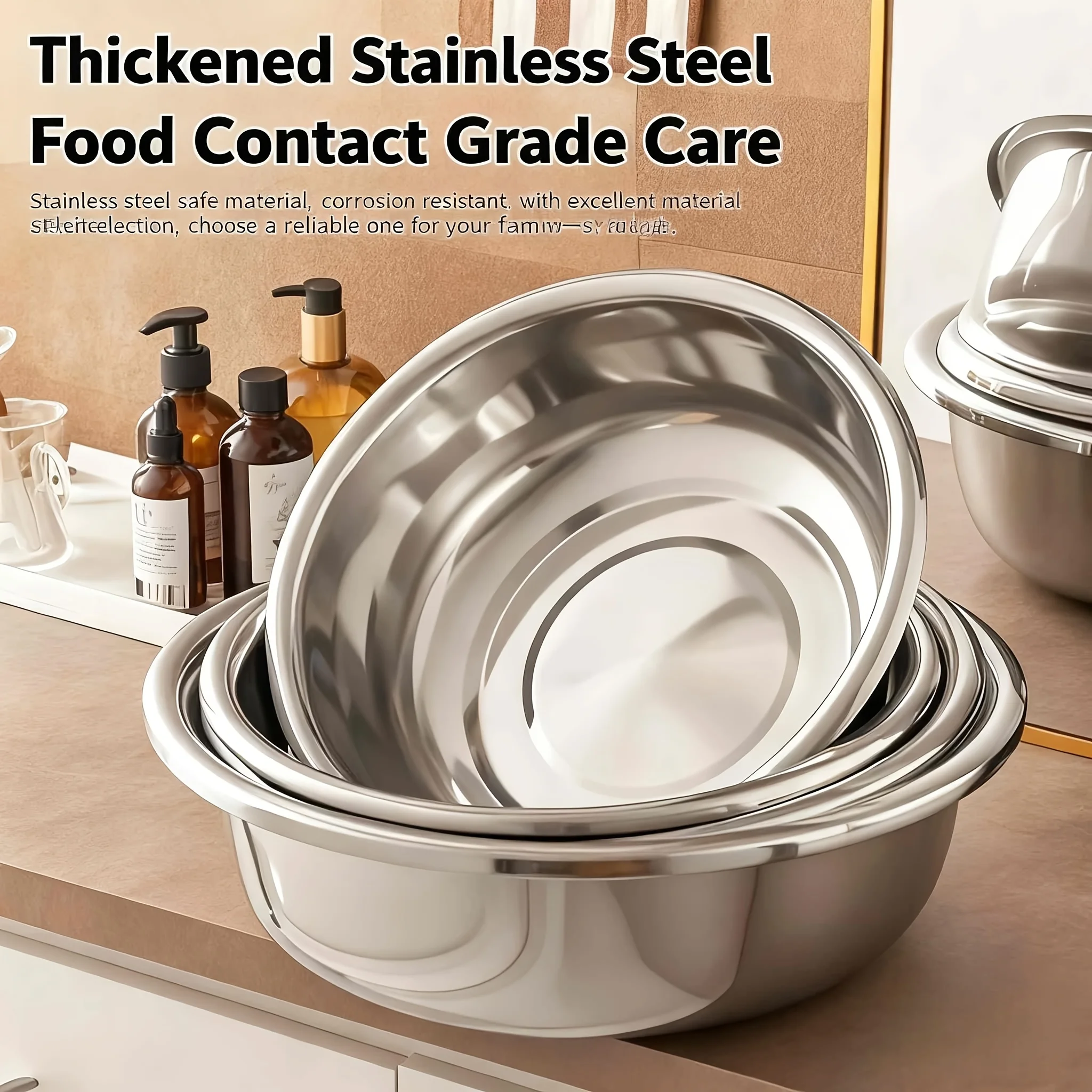 Stainless Steel Three-Piece Set of Large, Thick, Multi-Purpose Basins for Washing Vegetables, Mixing Dough, Fruit, Soup, and Vegetables; Chinese-Style Round Basins for Home Use 18+26+36