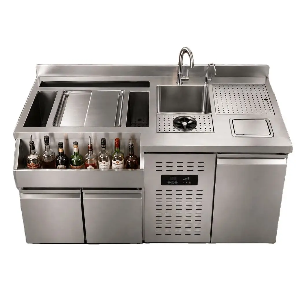 Commercial Stainless Steel Cocktail Bar Station With Sink Ice Bin Speed Rail Custom Bartender Workstation For Restaurant Hotel