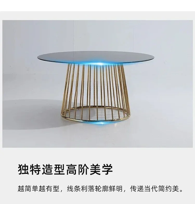 Italian minimalist light luxury tempered glass dining table Home restaurant French stainless steel, hotel meal round table