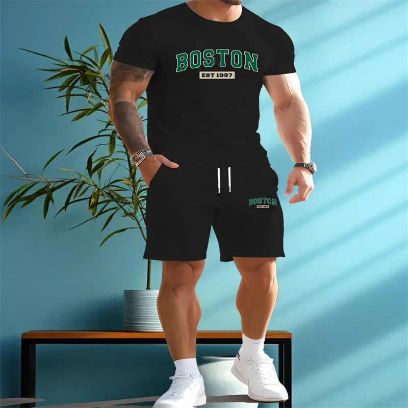 

2025 Summer Men's Round Neck Short Sleeve T-shirt and Running Shorts Two Piece Set, Fashionable Outdoor Sports and Leisure Set