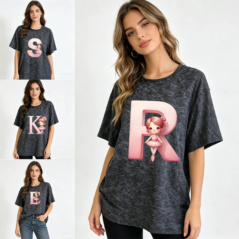 Women Summer New Round Neck Short Sleeve Tshirts Casual Soft Loose Couple Streetwear Daily Wear Tees Tops Initials pattern