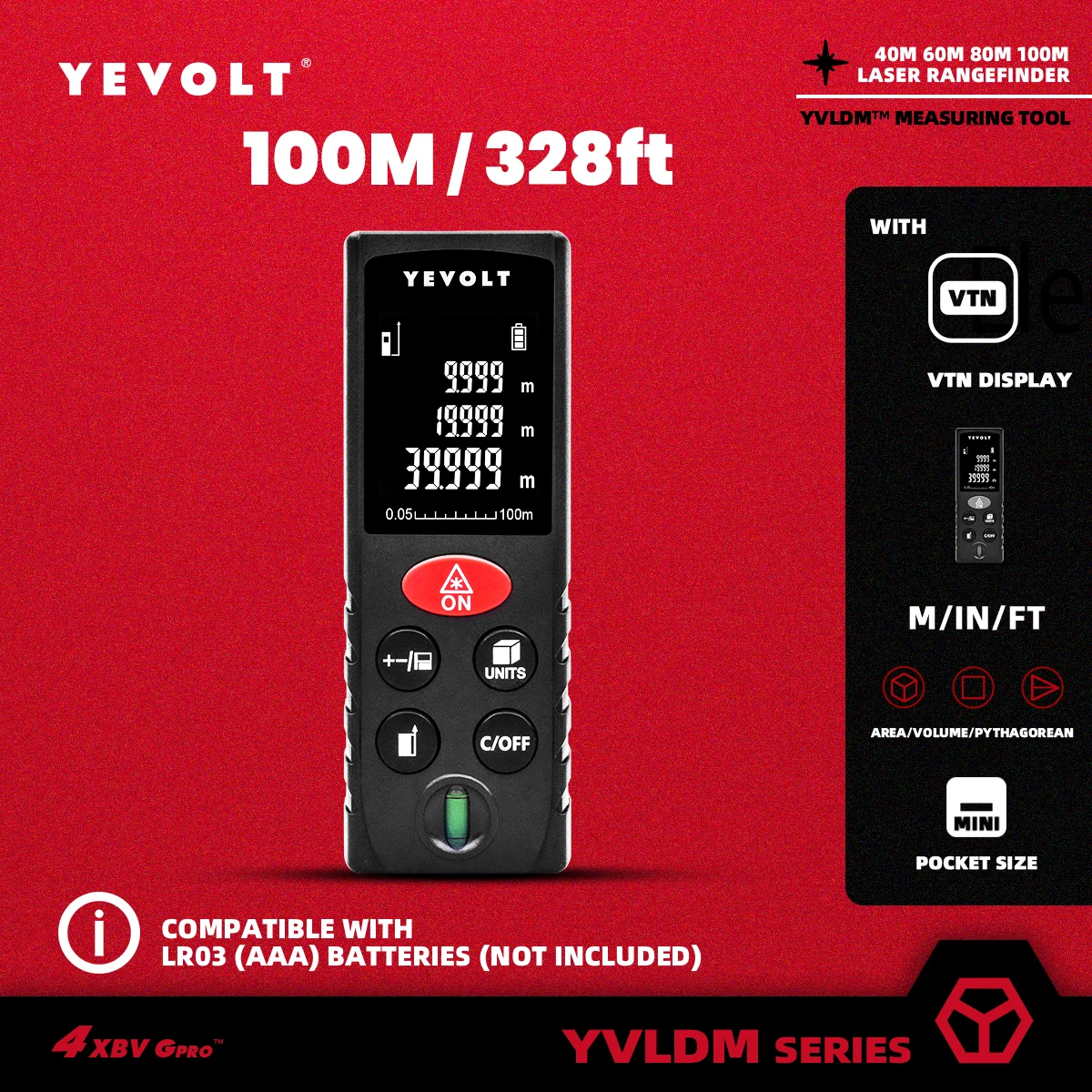 YEVOLT D Series Laser Distance Meter 100M Rangefinder Digital Tape Measure Tools With Backlit Area/Volume/Pythagorean