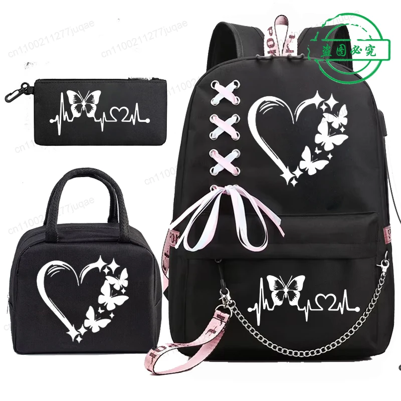 

Butterfly Heartbeat Mochila School Backpack Student Teenager Schoolbag Bag Butterfly Anime Bookbag with Portable Lunch Bags 3pcs