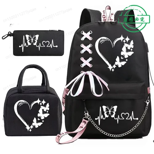 Imagen 1 del producto Mochila Escolar Butterfly Heartbeat para Estudiantes Adolescentes, Bolsa Escolar con Diseño de Mariposa Anime, con Bolsas Porta Alimentos Portátiles, 3 Piezas