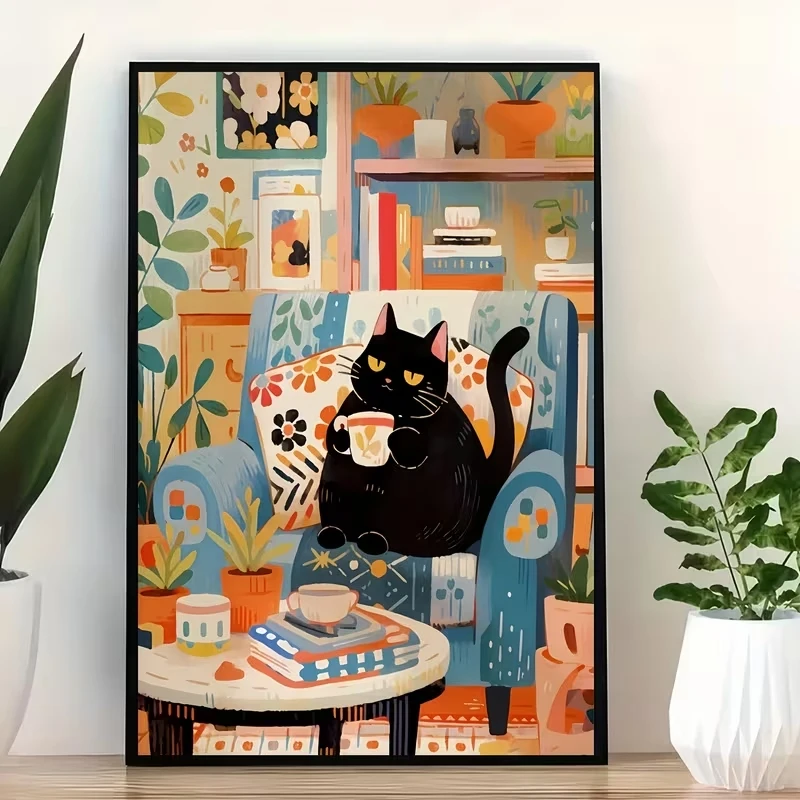 1pc frameless Canvas Painting Nordic Cartoon of a Black Cat Savoring Coffee on a Sofa Wall Art Print Canvas Painting Poster Pict