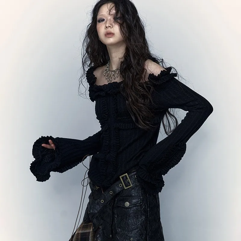 그런지 감성 니트 Y2K 탑 빈티지 오프숄더 타투 프린트 티셔츠 웨이스트랜드 펑크 블랙 골지 티셔츠 고딕