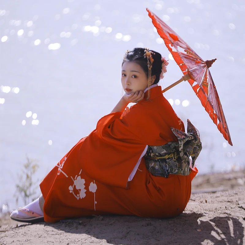 Women's Traditional Japanese Kimono Yukata Robe Red Color Winter Plum Prints Performing Dress Cosplay Clothing