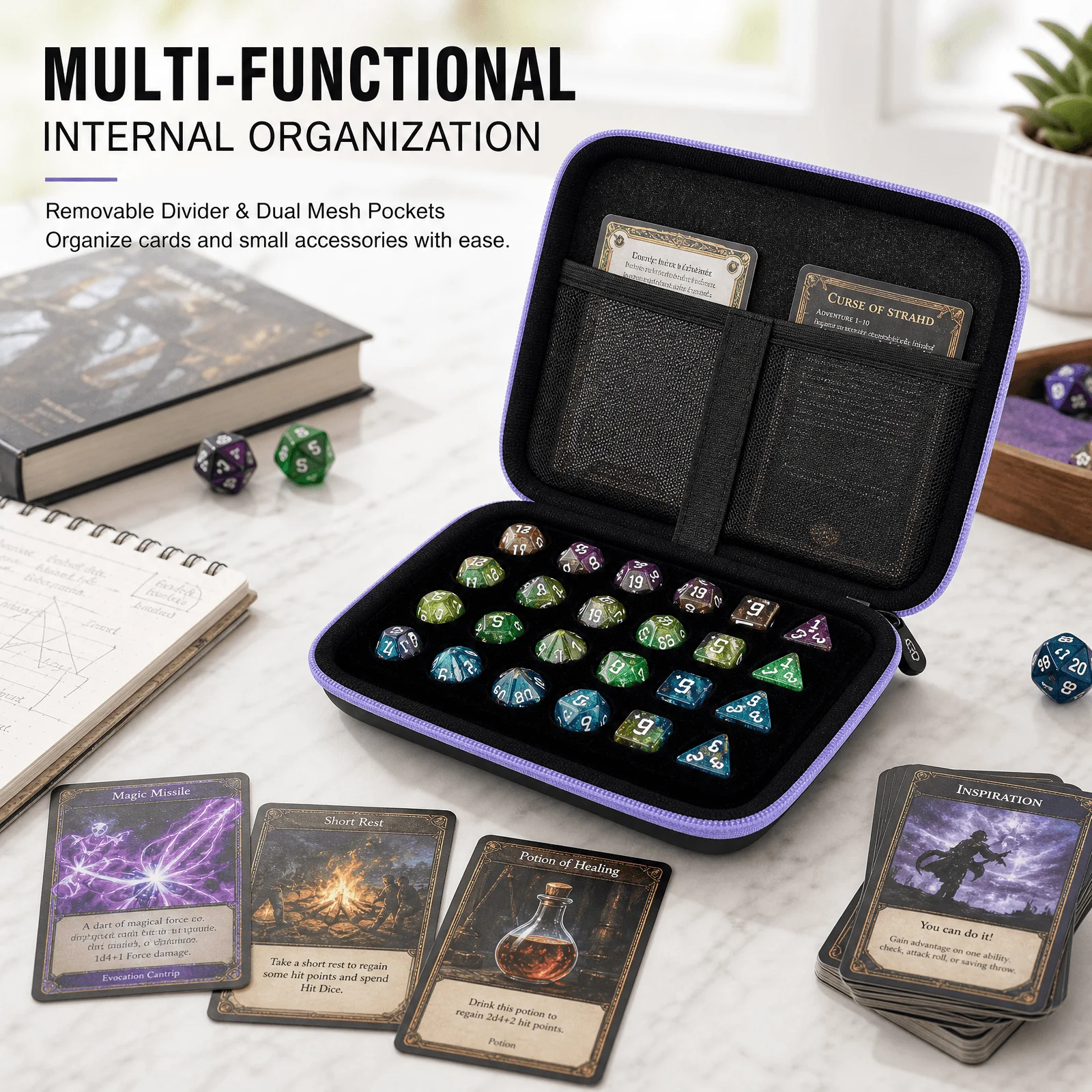 Hard DND Dice Case for 5 Polyhedral Dice Sets, with removable divider and dual mesh pockets for DND/RPG game nights (Bag Only)