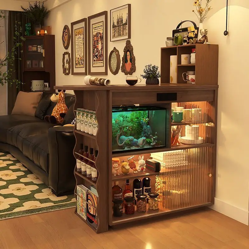 Retractable rotating home living room sofa partition cabinet retro walnut solid wood narrow island