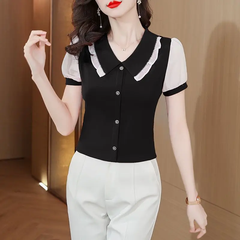 2023 New Summer Fashion Trend Doll Neck Panel Button Western Versatile Commuter Fleece Covering Short Sleeve Women's Shirt