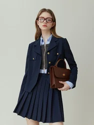 FSLE – manteau de costume Style collège britannique pour femmes, jupe de costume bleu profond, costume ample deux pièces pour femmes, printemps automne 2023