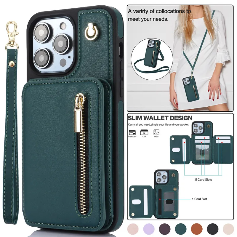 

Lanyard Leather Zipper Wallet Card Slot Phone Case For Iphone 16e 16pro 15 Pro Max 14 Plus 13 12 11 XR Se 8 7 Hand Rope Cover