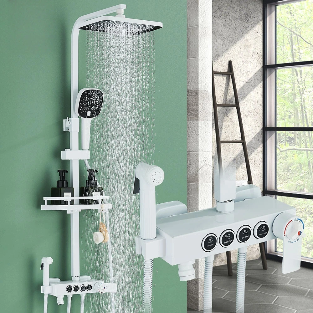 

White Thermostatic Bathroom Shower Faucet Set Grey 4 Ways Rainfall Bath Mixer Tap with Tub Spout Bidet Crane Hot Cold System Tap