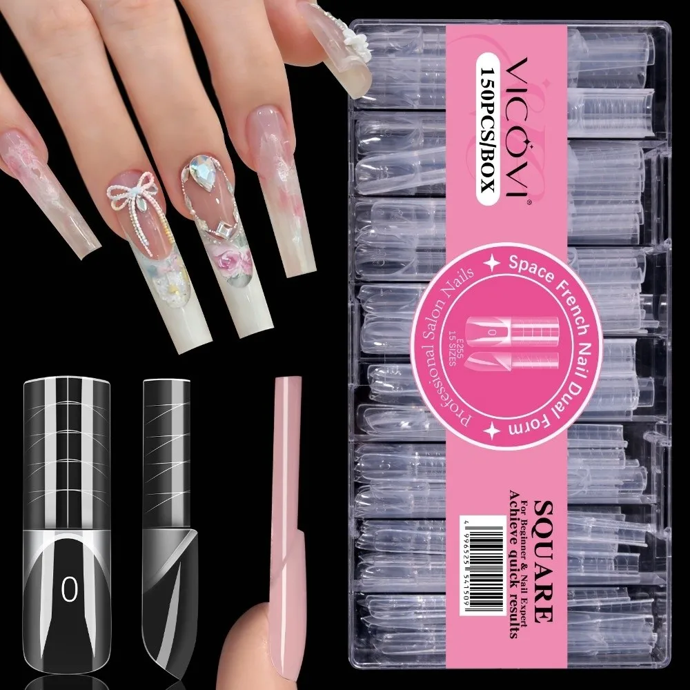 150Pcs Transparent False Nail Full Cover Quick Building Nail Forms 15 Sizes Smart French Line Nail Extension Form