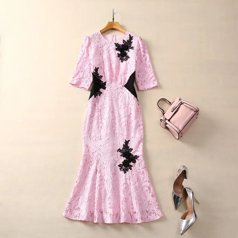 New Colorblock Women Lace Embroidery Dress Elegant O-Neck Short Sleeve Mermaid Dresses 12055