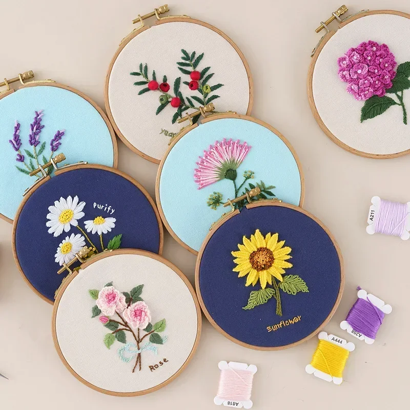 Flowers plants Embroidery Set Needlework Tools Printed Beginner DIY Embroidery Round Cross Stitch Kit Sewing Craft Kit  diy kit