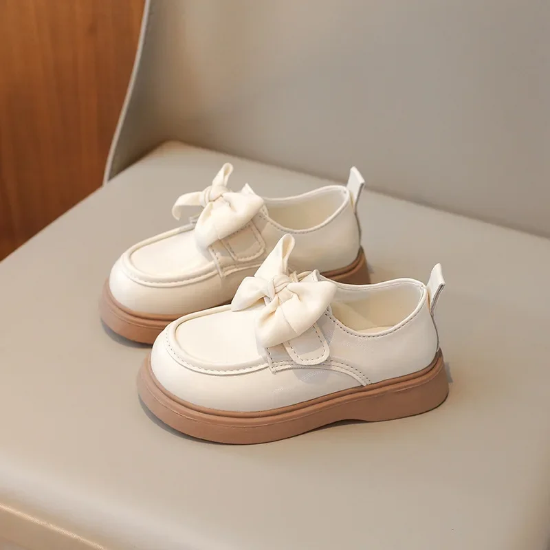 Girls Leather Shoes 2024 Spring Autumn Solid Color Bow Soft Sole Anti Slip Children\'s Flat Single Shoes Baby Girl Princess Shoe