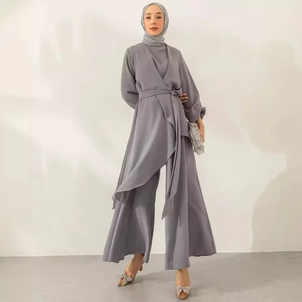Muslim Two Piece Women Modest Set Top Lace Up Wide Leg Pants Suit Ramadan Morocco Dubai Islam Casual Ensemble Arabic Outfits