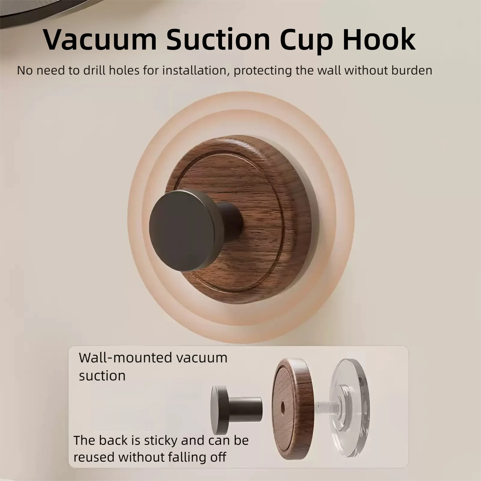 1-10Pc Walnut Wood Grain Suction Vacuum Suction Cup Hook Rotating Wall Mounted No Drill Storage Hanger for Kitchen Bathroom Door