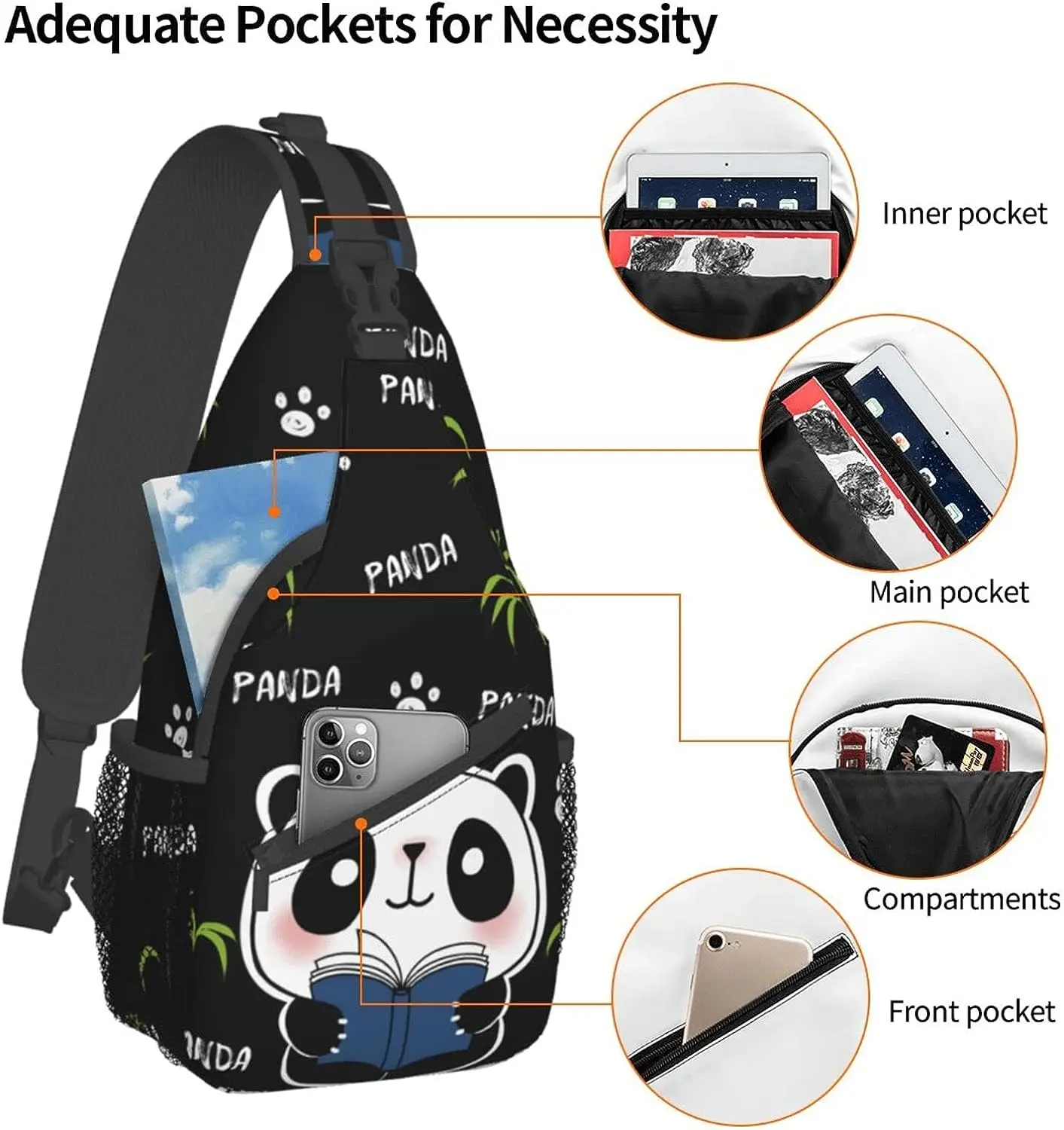 Cartoon Panda Bamboo Sling Bags Shoulder Backpack Crossbody Men Women Gym Climbing Runners Cycling Travel One Size