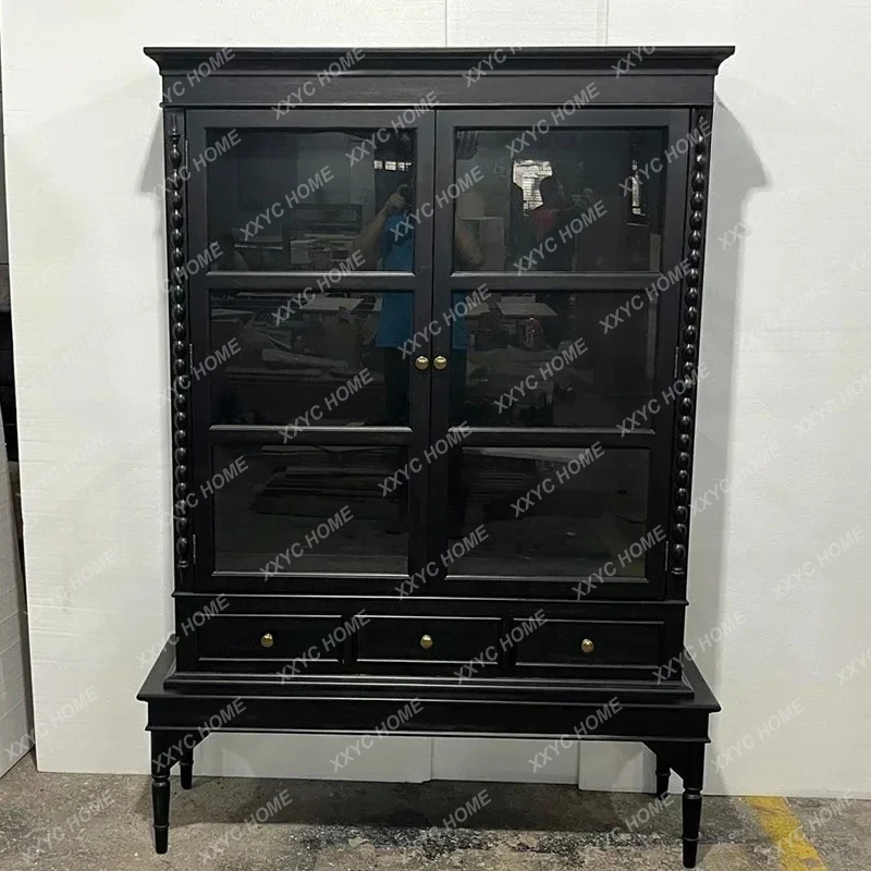 TT  Medieval Black Display Boutique Display Cabinet Three-layer Double-door Glass Cabinet Solid Wood Antique Cabinet
