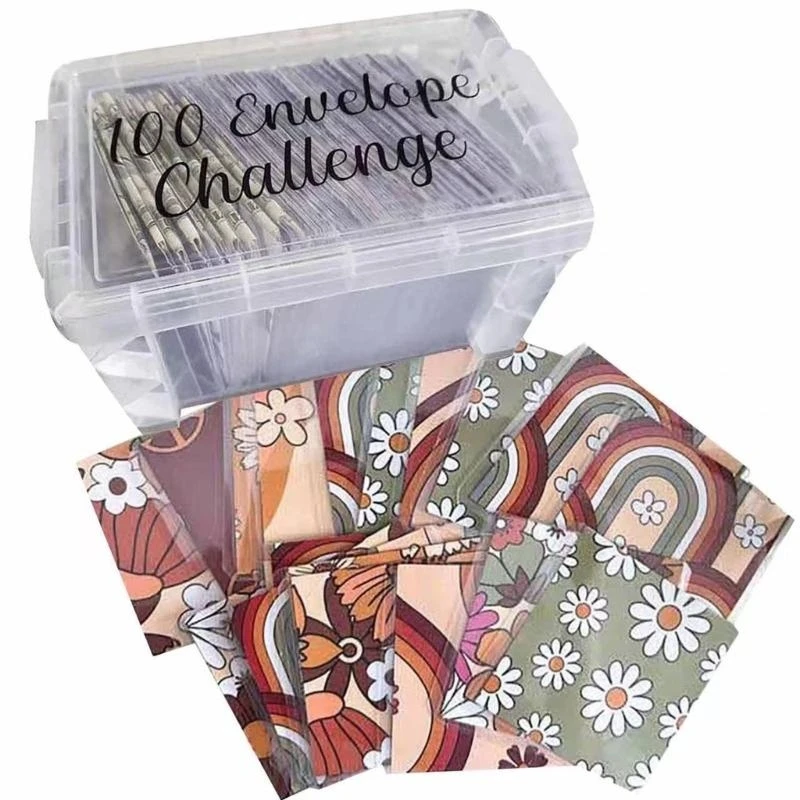 W89C 100 Money Saving Envelope Challenge Kits with 100 Number Stickers and Clear Box