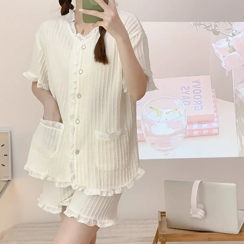 

5XL Plus Size Sweet Sleepwear Women Pajama Sets Solid Short Sleeve Cardigan Shorts Princess Japanese Loungewear Kawaii Ruffles