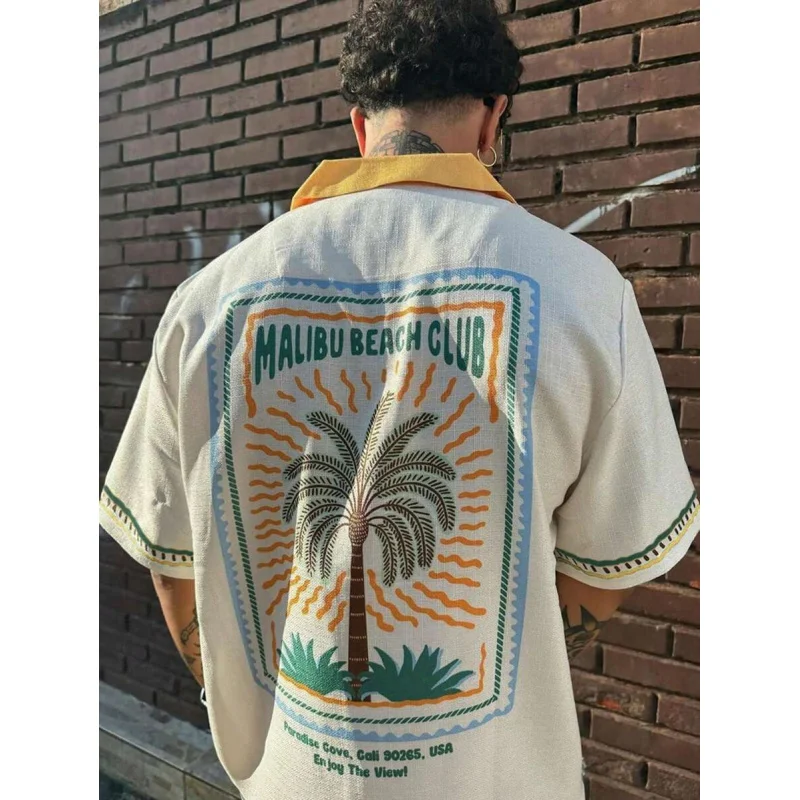 2025 Spring/Summer Men's Clothing - Subtropical Palm Tree Pattern Fashion Short-Sleeved Shirt, Comfortable and Breathable Linen