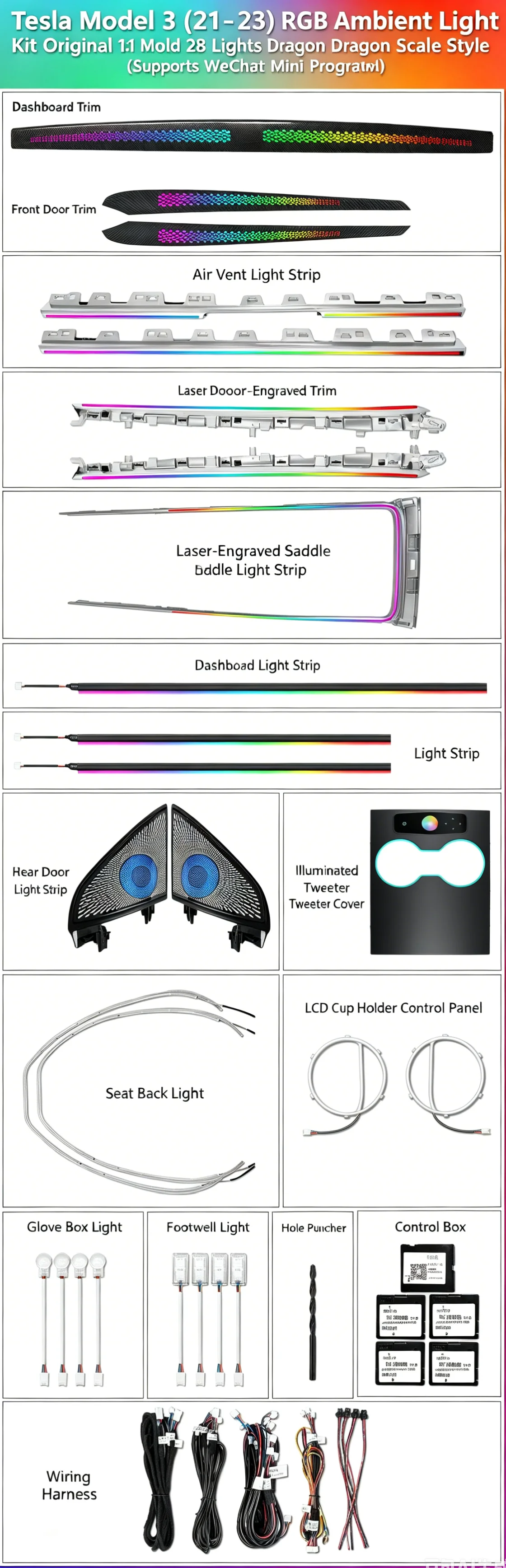 28 LEDs RGB Ambient Light Kit for Model 3 2021-2023 OEM Mold Stainless Steel Atmosphere Lamp Auto Interior Mod Car Mod DIY