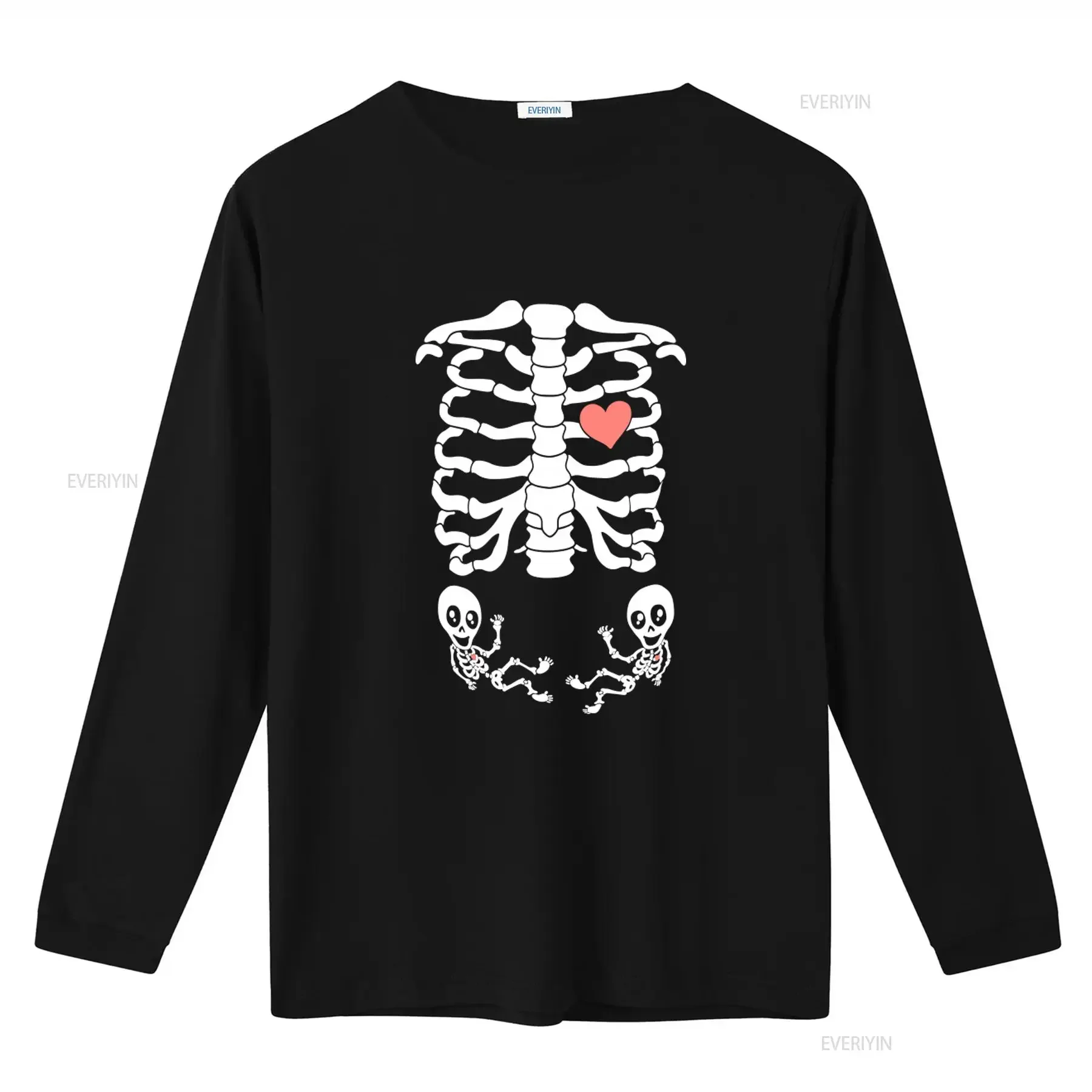 Halloween Maternity T Shirt Twins Announcement Pregnancy Pregnant Skeletons Cute Heart Print vintage Washed fashion Comfortable