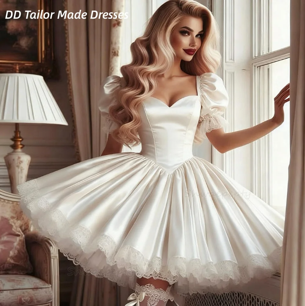 Kurzes standesamtliches Hochzeitskleid, Puffärmel, Falten, weißes Satin-Brautkleid, herzförmiger Ausschnitt, individuelles Lolita-Prinzessin-Kostüm