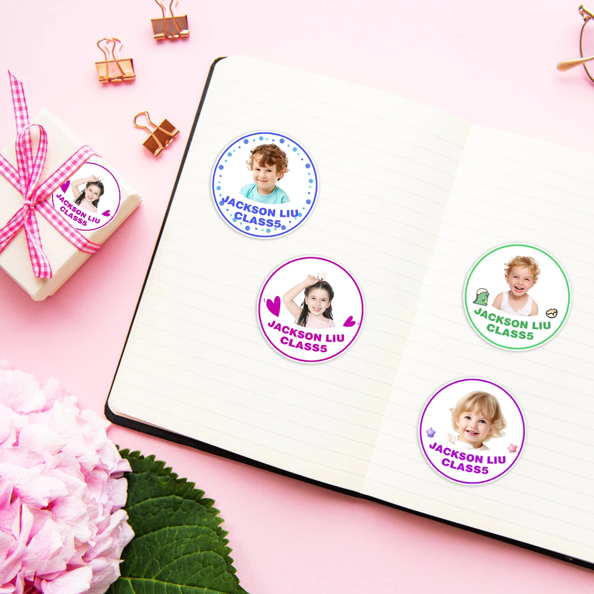 Kids Campus Name Stickers, Kindergarten Kids school Name Tags, Waterproof Round Photo Stickers, Water Bottle Stationery label